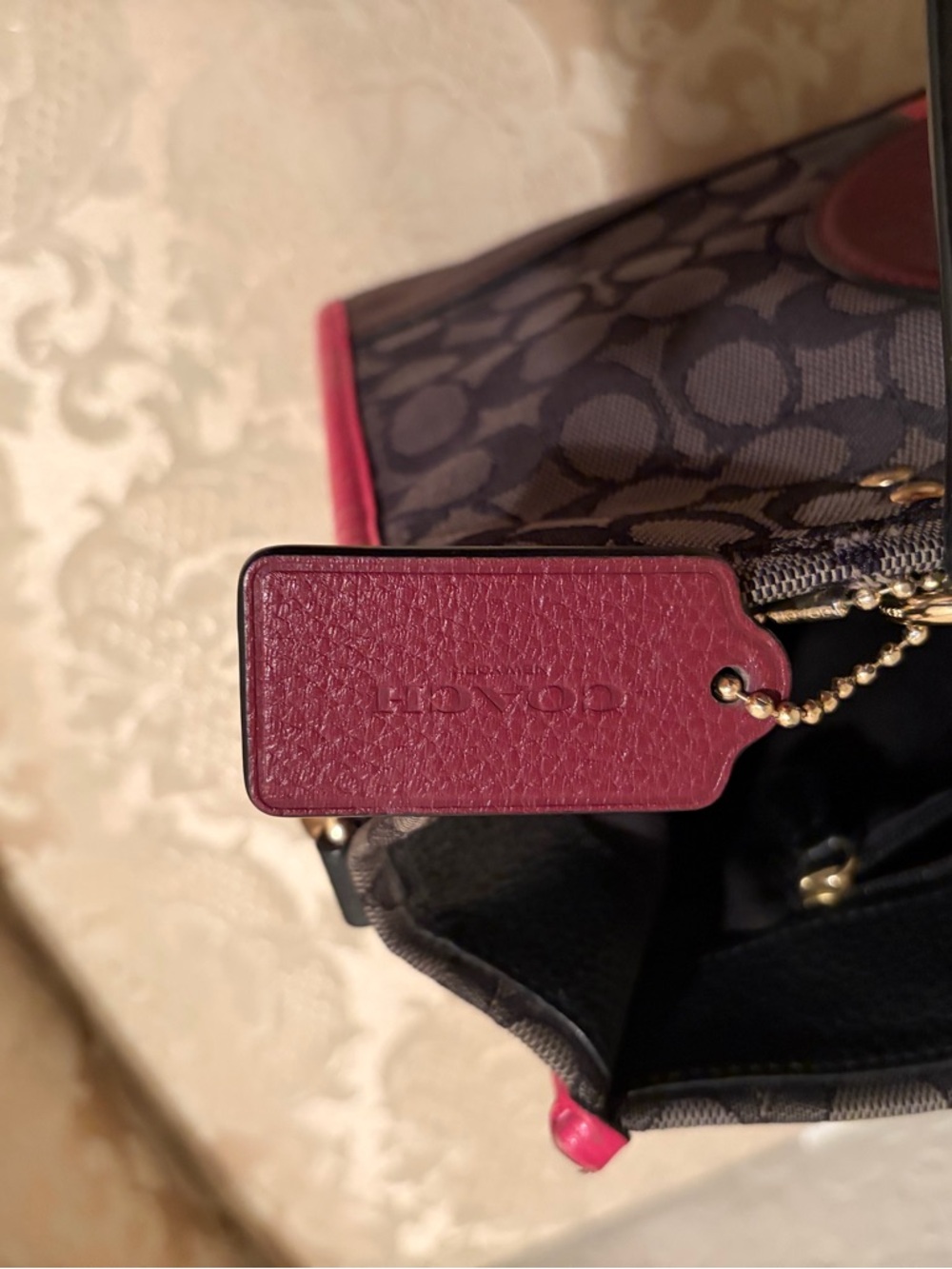 Coach Brown Signature Tote with Pink Trim and Burgundy Patch - Picture 3 of 8